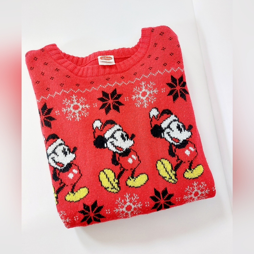 Dancing Mickey‎ Mouse Fairisle Christmas Sweater Large Disney y2k Red Snowflake